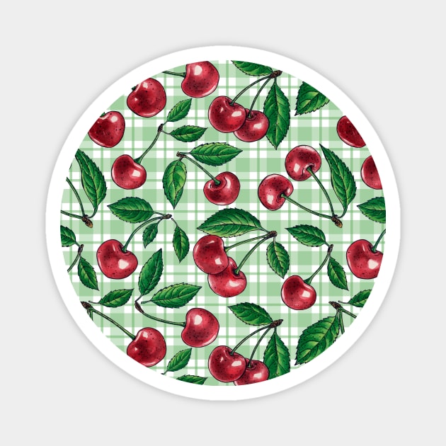 Red cherries on light green gingham Magnet by katerinamk